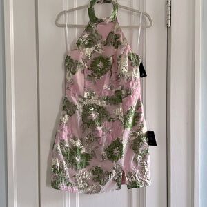 Lulus Floral Burnout Pink Green Halter Mini Dress Size M Cocktail Party New